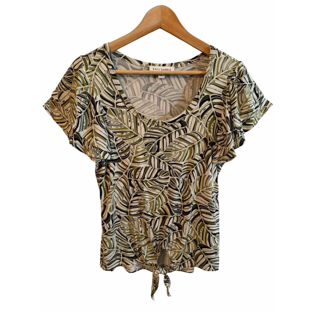 Emily Daniels Green White Tropical Leaf Print Flutter Slv Tie Front Top Women S